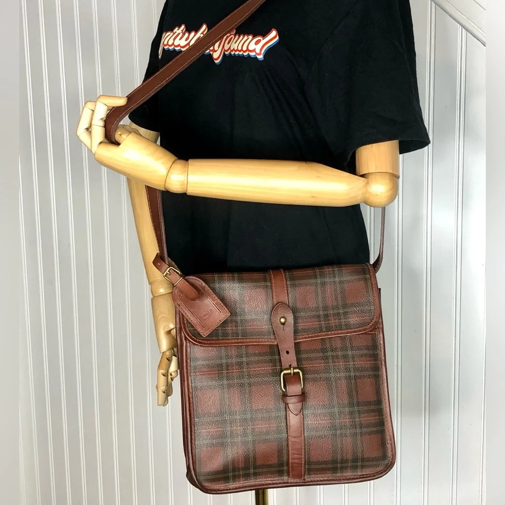 RALPH LAUREN Tartan Plaid Large Leather Crossbody Messenger Shoulder Bag